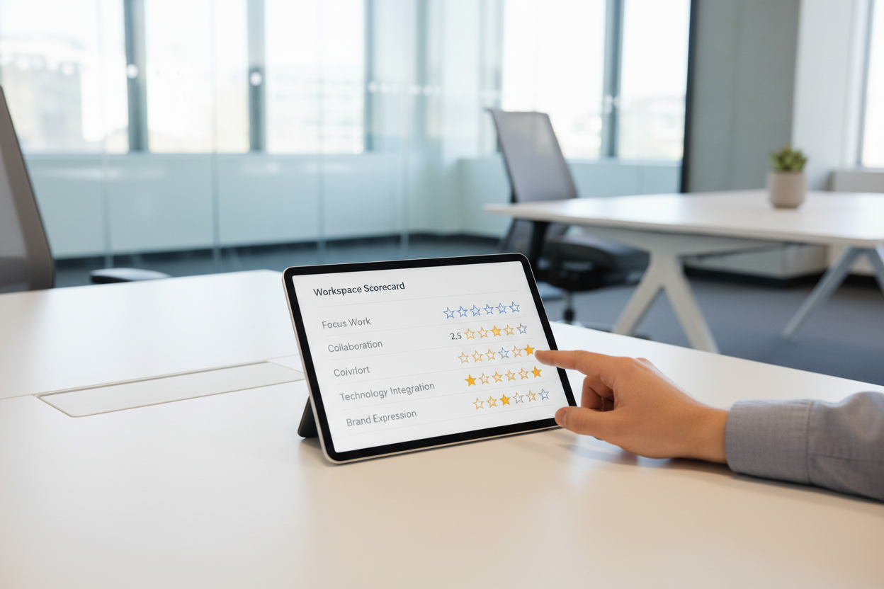 Tablet on a modern office desk showing a workplace scorecard interface with star ratings for Focus Work, Collaboration, Privacy, Comfort, Technology Integration, and Brand Expression