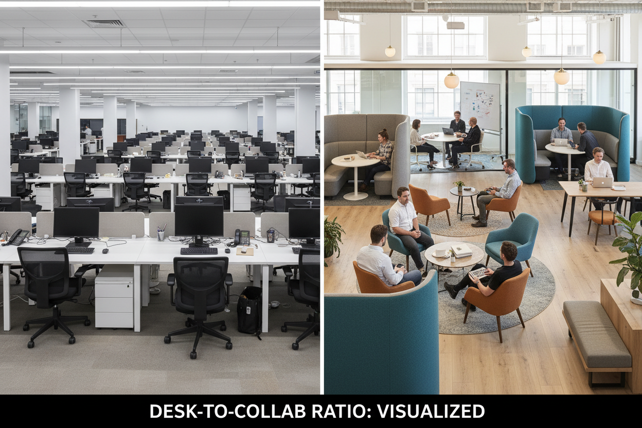 Split photo comparing a traditional over-desked open-plan office with a transformed space featuring focus pods, lounge clusters, and huddle rooms