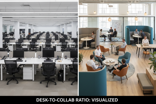 Split photo comparing a traditional over-desked open-plan office with a transformed space featuring focus pods, lounge clusters, and huddle rooms