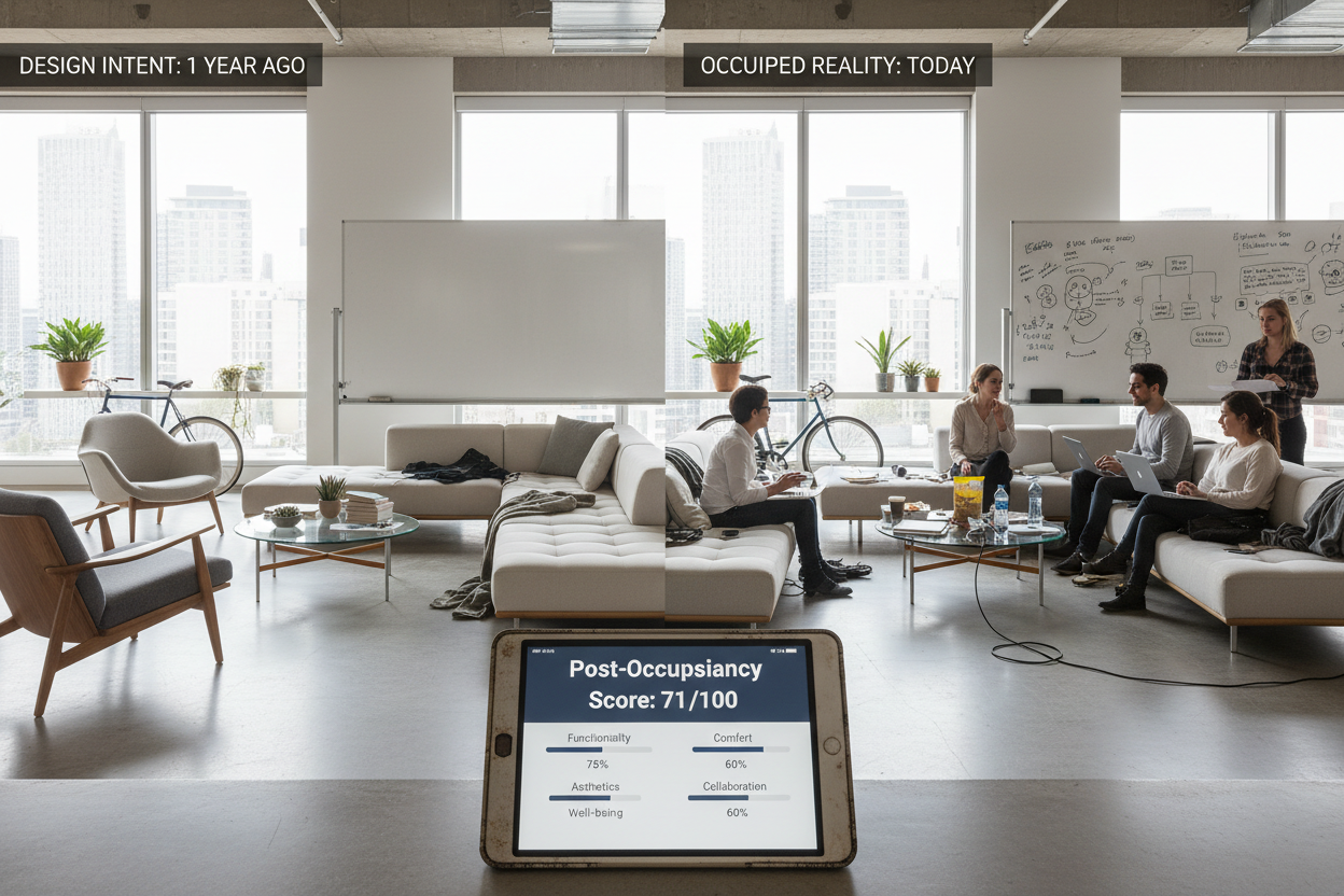 Split view comparing an idealized office design rendering from a year ago with a photograph of the same zone today, occupied and adapted, with a tablet showing Post-Occupancy Score 71/100