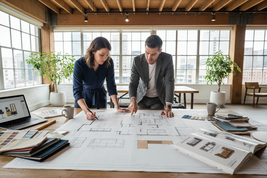 GLSC space planner and client collaborating over a floor plan with tracing paper overlays, material samples, and a Herman Miller catalog on the worktable