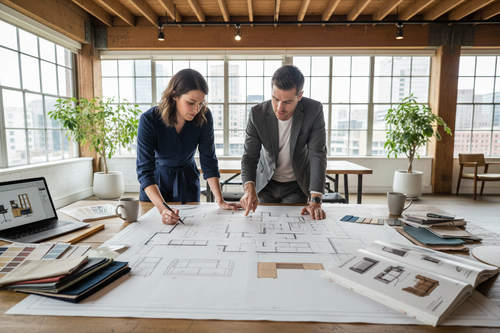 GLSC space planner and client collaborating over a floor plan with tracing paper overlays, material samples, and a Herman Miller catalog on the worktable