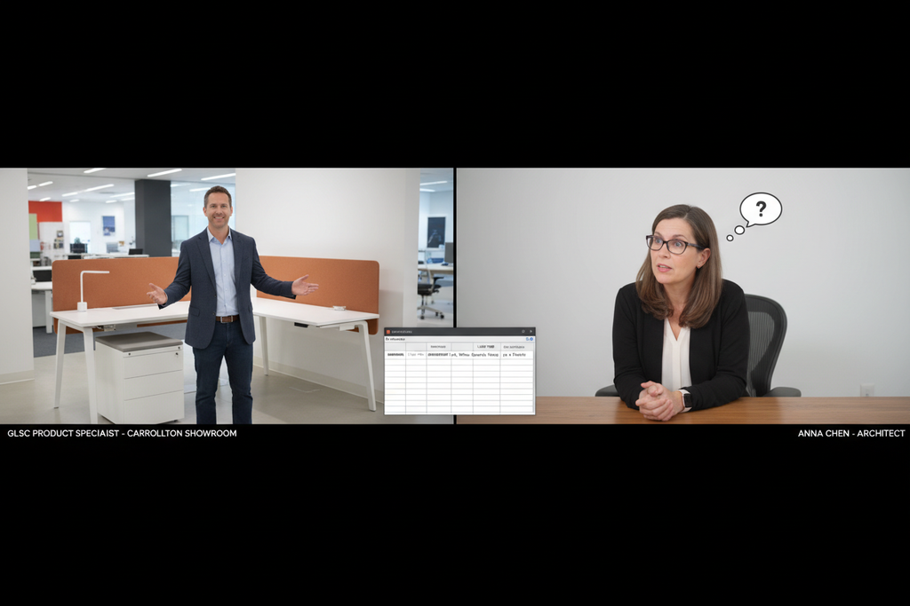 Video call between a GLSC product specialist in the showroom gesturing at an OE1 workstation and a client at their desk, with a product spec sheet visible on screen