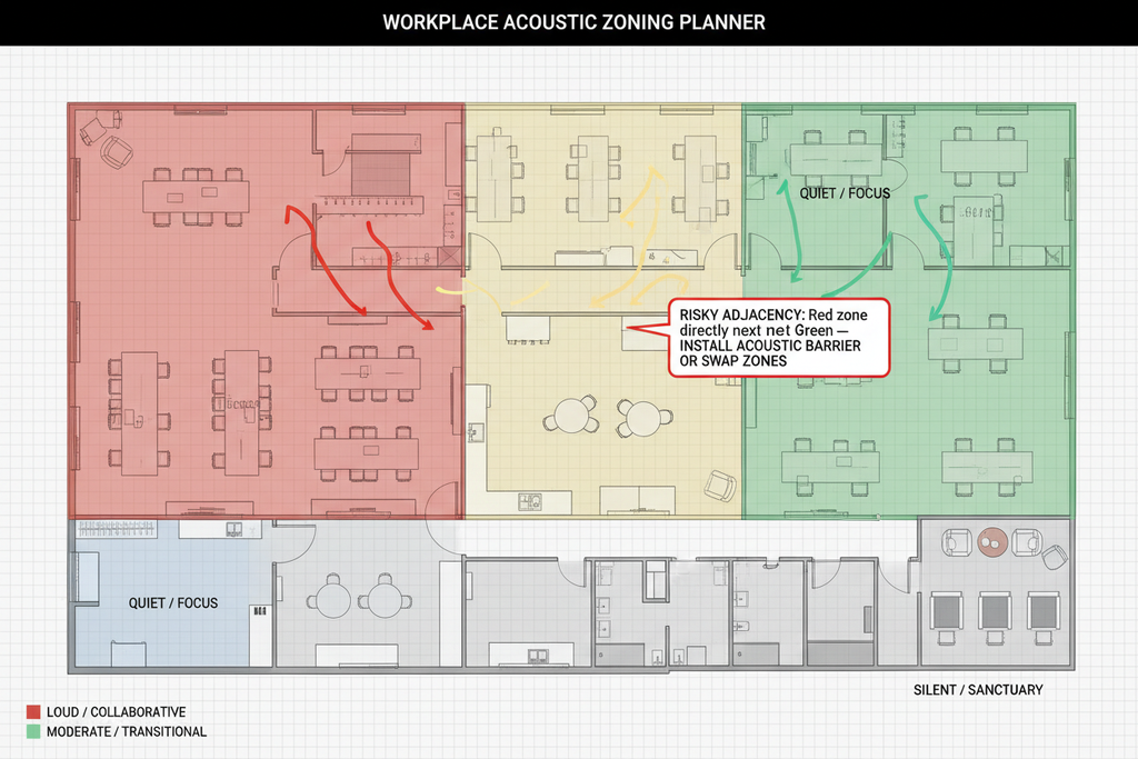 Top-down color-coded acoustic zone floor plan with red, yellow, green, and blue zones and sound bleed path annotations