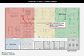 Top-down color-coded acoustic zone floor plan with red, yellow, green, and blue zones and sound bleed path annotations