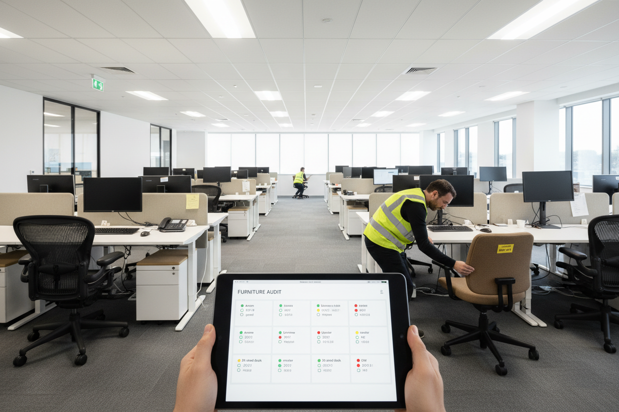 Open-plan office with mixed workstations and a tablet showing a furniture audit interface with red, yellow, and green condition status dots