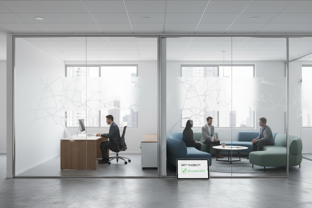DIRTT floor-to-ceiling glass wall installation in a corporate office separating a private executive office from a collaborative lounge area, with a tablet showing DIRTT Feasibility Recommended