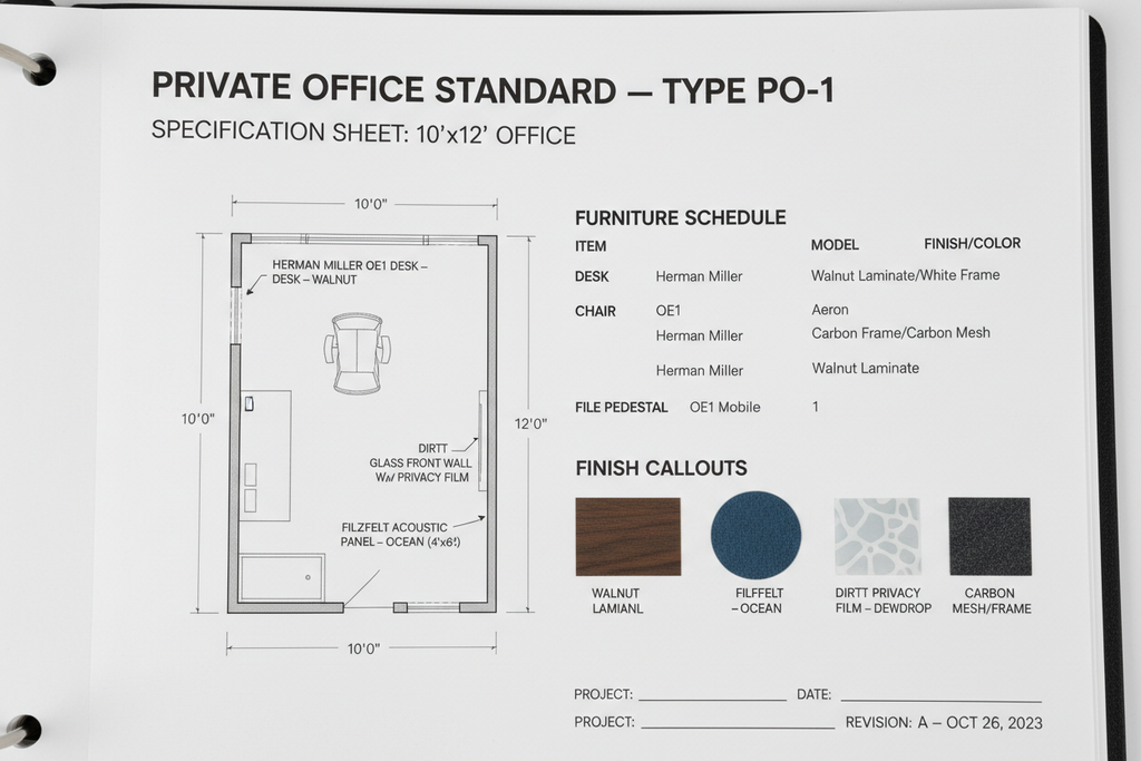 Detail shot of a standards guide page showing Type PO-1 private office standard with dimensioned floor plan, furniture schedule, and finish callouts