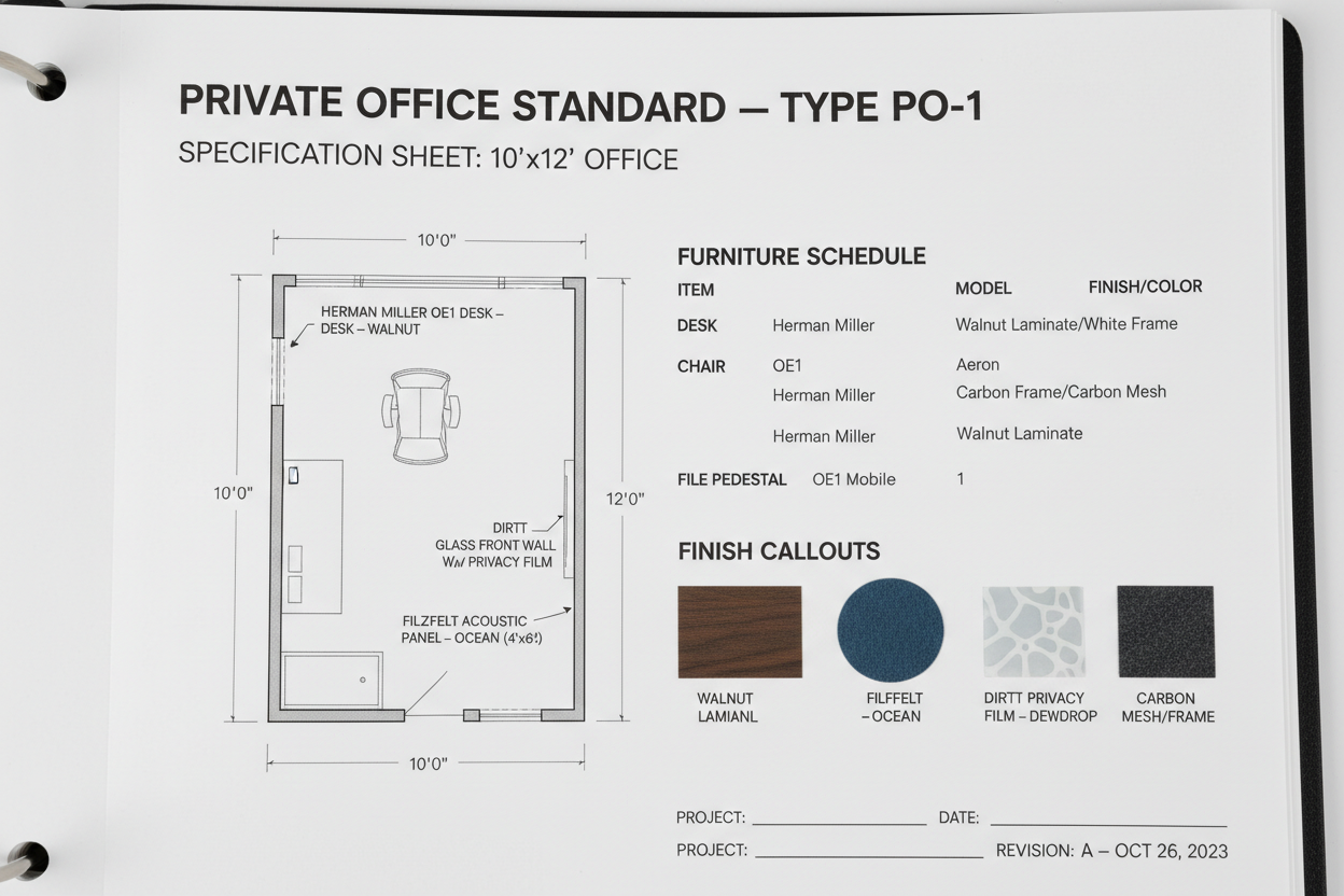 Detail shot of a standards guide page showing Type PO-1 private office standard with dimensioned floor plan, furniture schedule, and finish callouts
