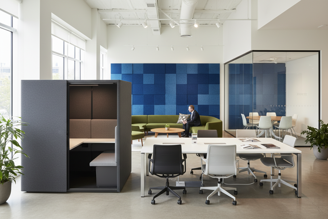 GLSC showroom featuring Herman Miller Bay Work Pod, OE1 tables, Filzfelt acoustic wall in Ocean blue, Knoll lounge seating, and a DIRTT glass-enclosed meeting room