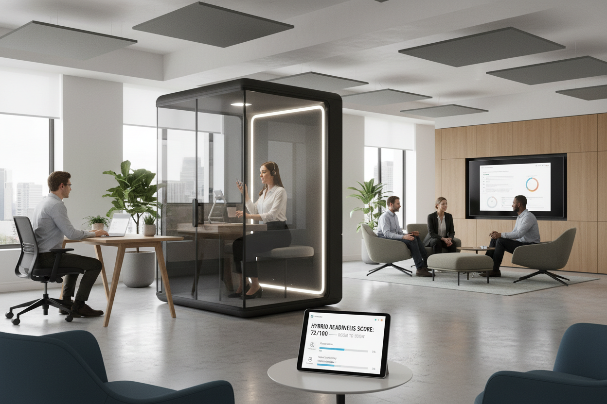 Modern hybrid office with three people working simultaneously in different zones — desk, phone pod, and lounge — with a tablet showing a Hybrid Readiness Score of 72/100