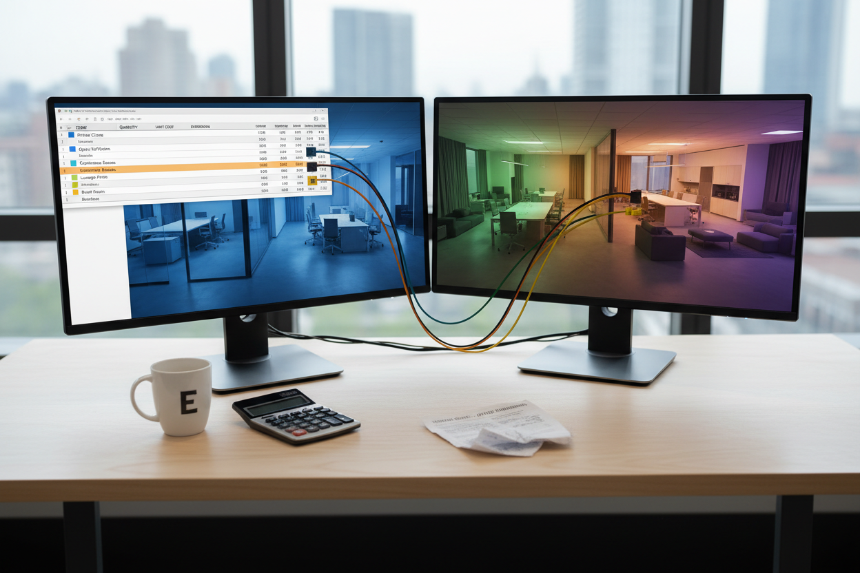 Dual-monitor setup showing a zone-by-zone budget spreadsheet on the left and a color-matched 3D office render on the right, with a calculator and vendor quote on the desk