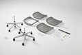 Herman Miller Aeron chair partially disassembled with each component labeled by material and recycled content percentage, alongside a sustainability scorecard with certifications