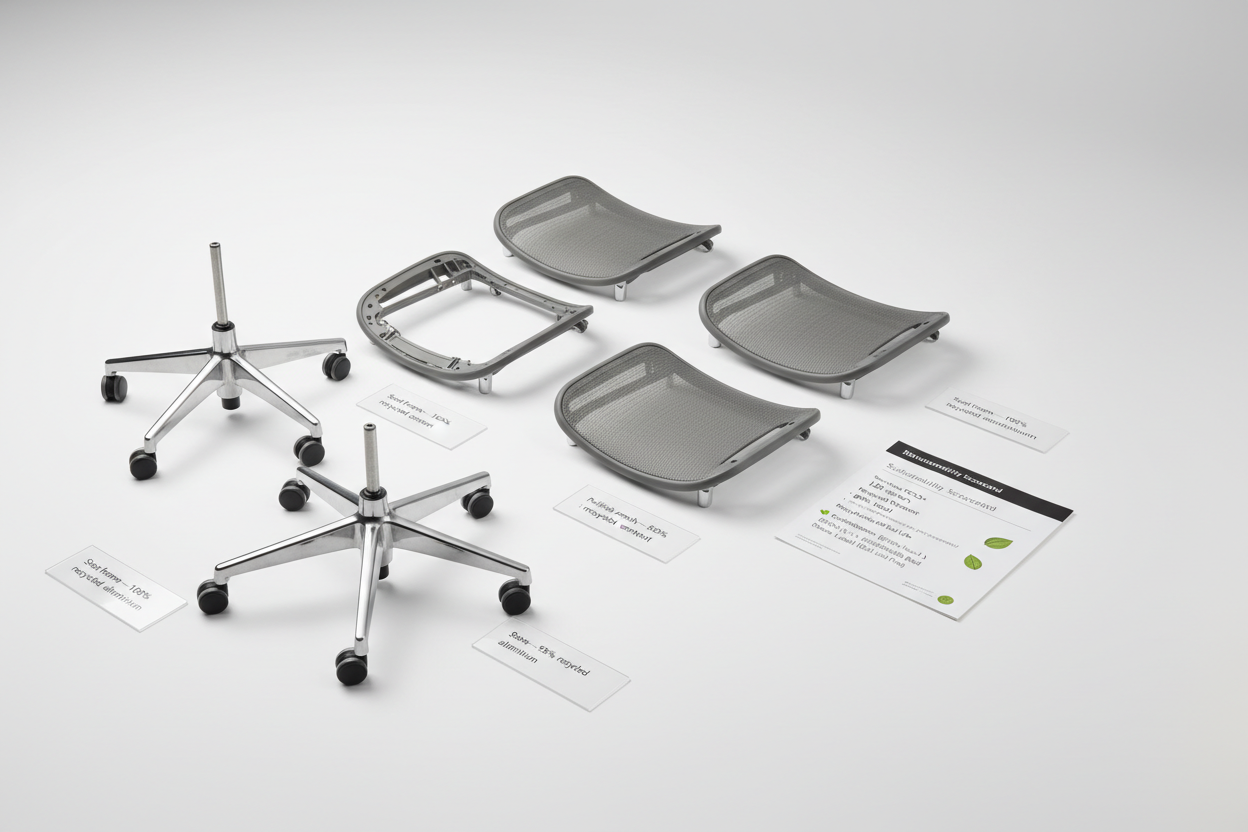 Herman Miller Aeron chair partially disassembled with each component labeled by material and recycled content percentage, alongside a sustainability scorecard with certifications