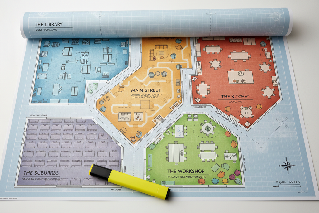Office floor plan rendered as a city map with color-coded neighborhoods: The Library, Main Street, The Kitchen, The Workshop, and The Suburbs