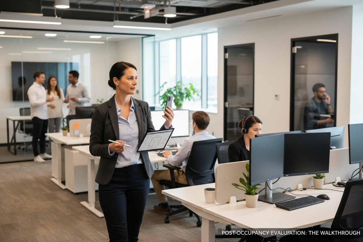 GLSC evaluator walking through an active corporate office with a tablet, unobtrusively observing and documenting space utilization while employees work around them