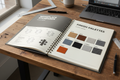 Spiral-bound Workplace Standards Guide open to a spread showing workstation types A through D with plan views and finish palette samples affixed to the page
