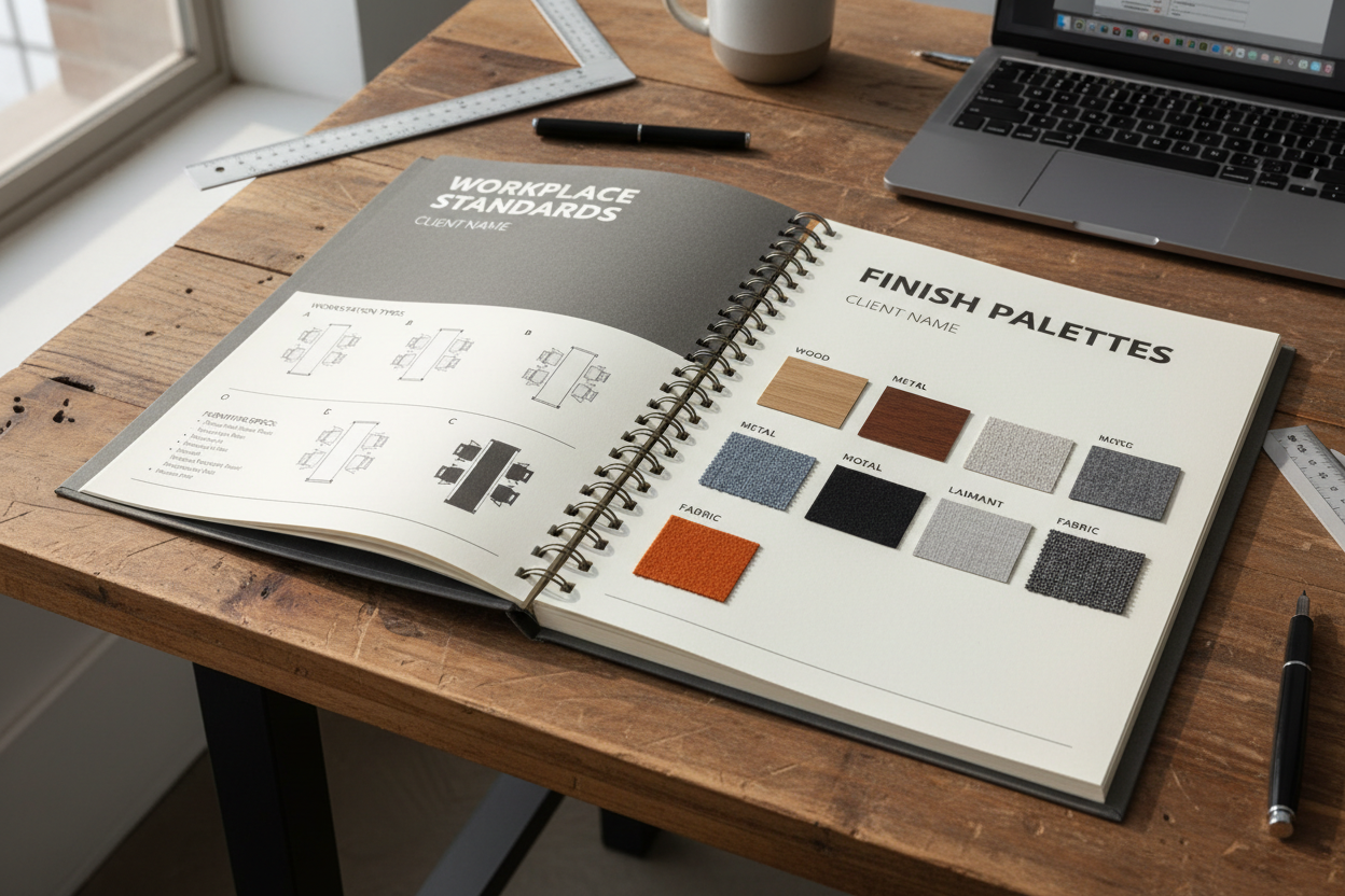 Spiral-bound Workplace Standards Guide open to a spread showing workstation types A through D with plan views and finish palette samples affixed to the page