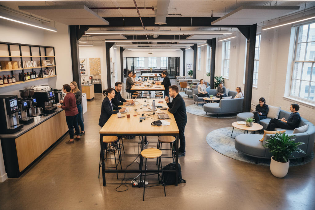 Real office Main Street zone with high-top tables, coffee station, and huddle areas with people working and collaborating