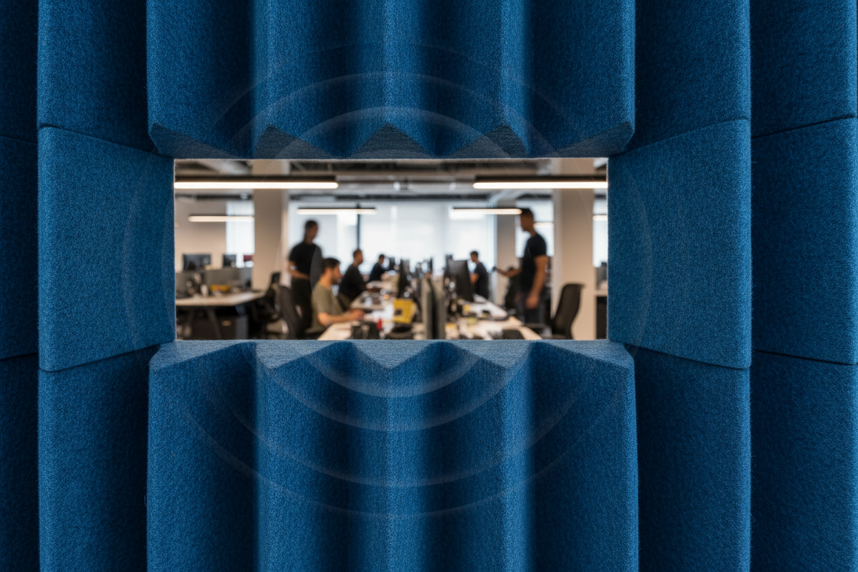 Close-up of ocean-blue Filzfelt wool acoustic wall panel with textured depth, blurred open office behind it