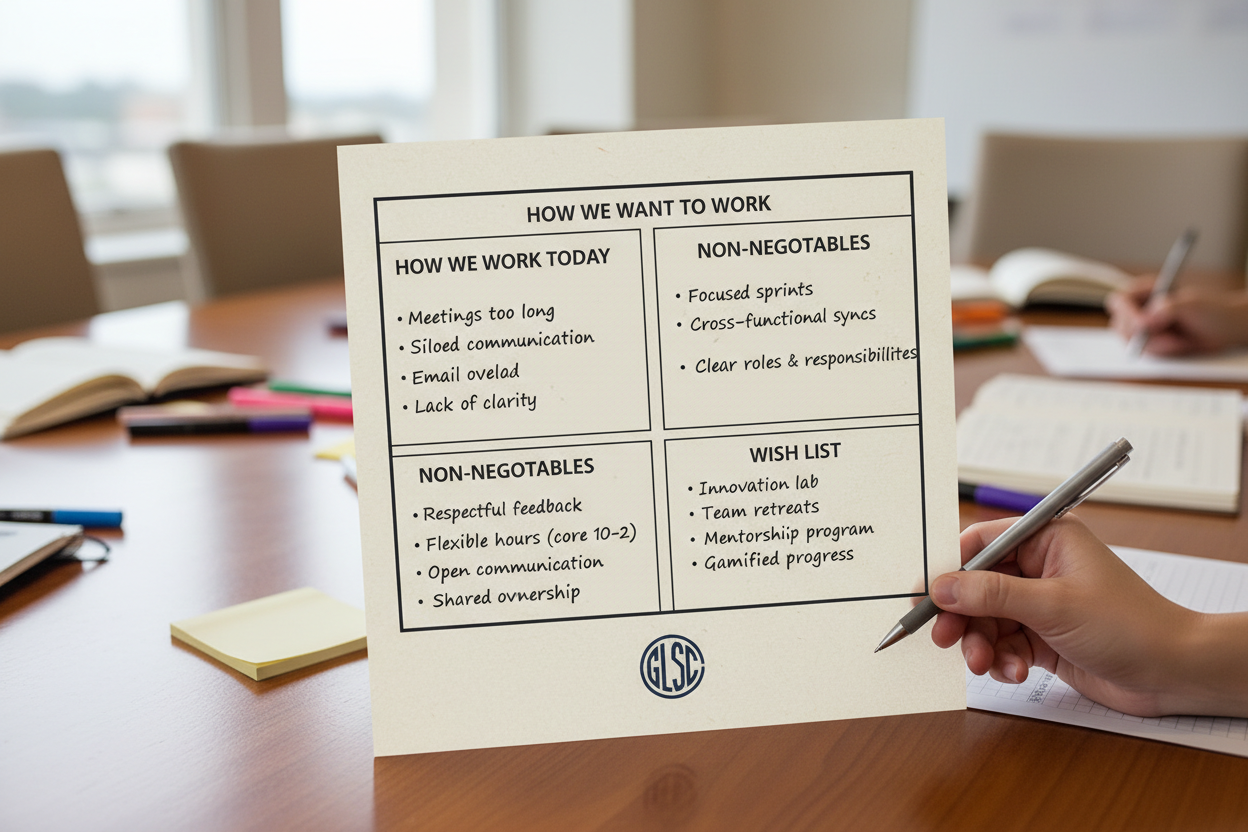 Close-up of a GLSC co-design worksheet with handwritten notes in multiple hands across sections: How We Work Today, How We Want to Work, Non-Negotiables, Wish List