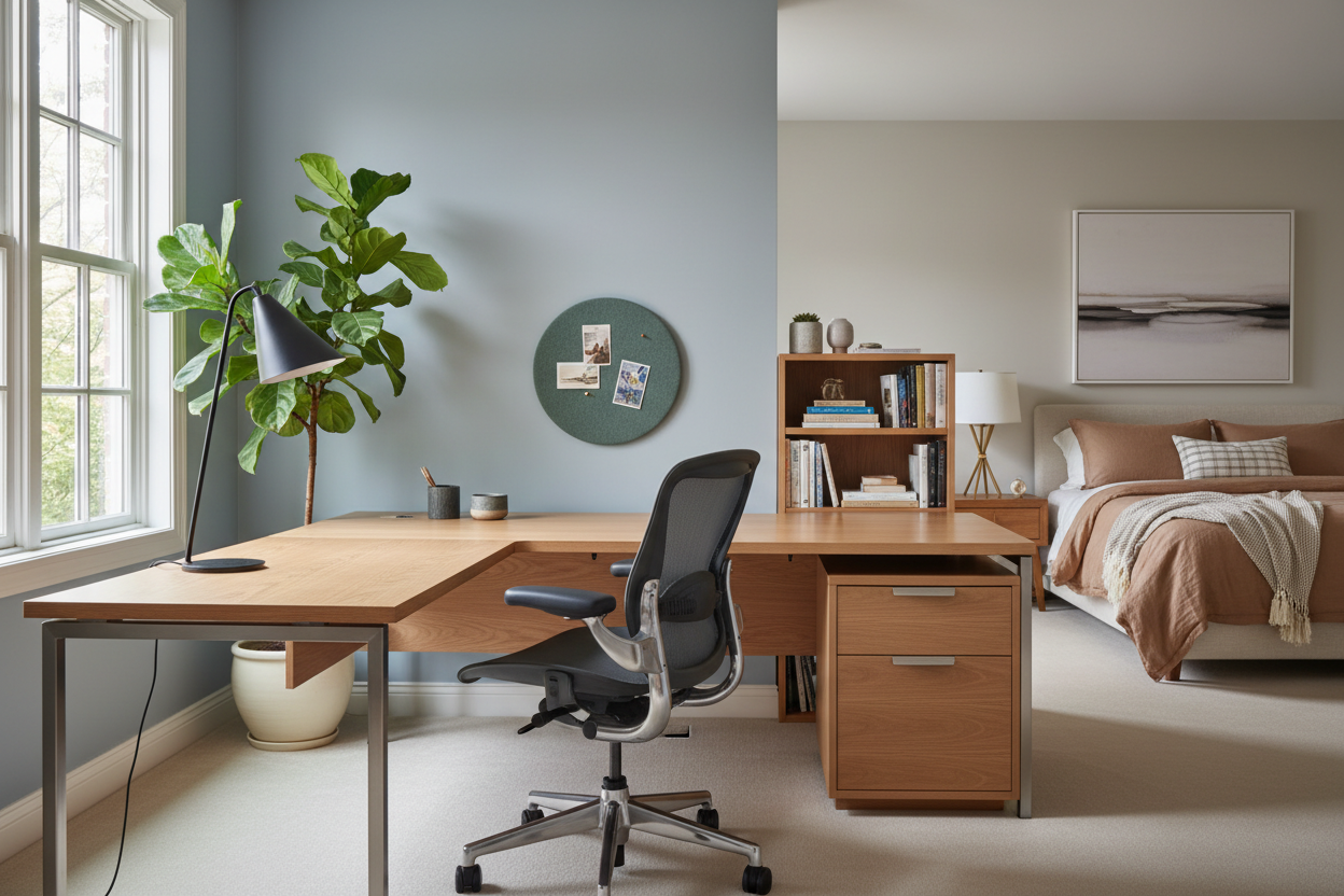 Thoughtfully designed home office with Herman Miller OE1 desk in light oak, Aeron chair in graphite, Knoll floor lamp, Filzfelt pinboard, and natural window light, with a guest bedroom visible behind