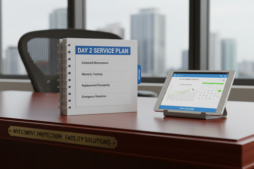 Day 2 Service Plan binder on a facility manager's desk with sections for Scheduled Maintenance, Warranty Tracking, Replacement Forecasting, and Emergency Response, alongside a digital dashboard tablet