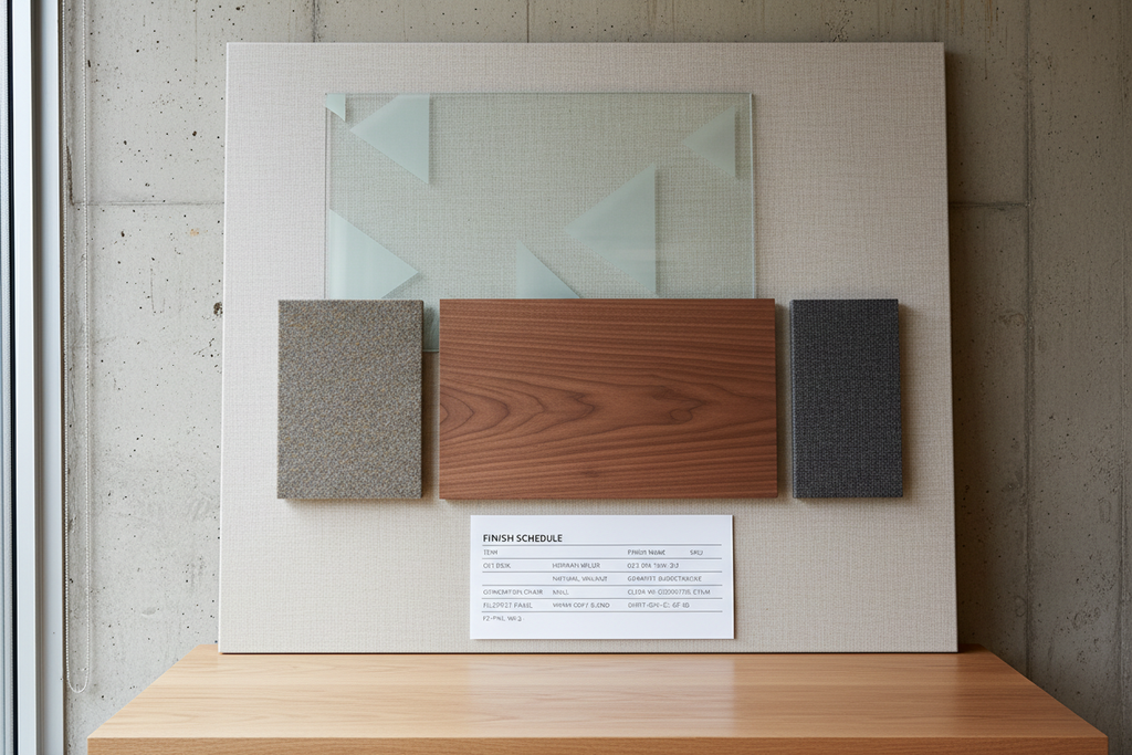 Composed finish board showing Herman Miller OE1 desk in walnut, Knoll Generation chair in coordinating fabric, DIRTT glass wall, and Filzfelt acoustic panel in warm grey, with a printed Finish Schedule below