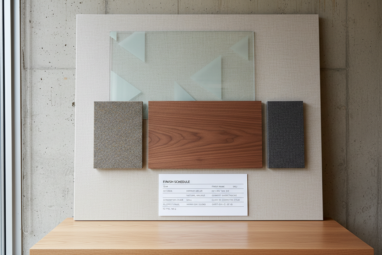 Composed finish board showing Herman Miller OE1 desk in walnut, Knoll Generation chair in coordinating fabric, DIRTT glass wall, and Filzfelt acoustic panel in warm grey, with a printed Finish Schedule below