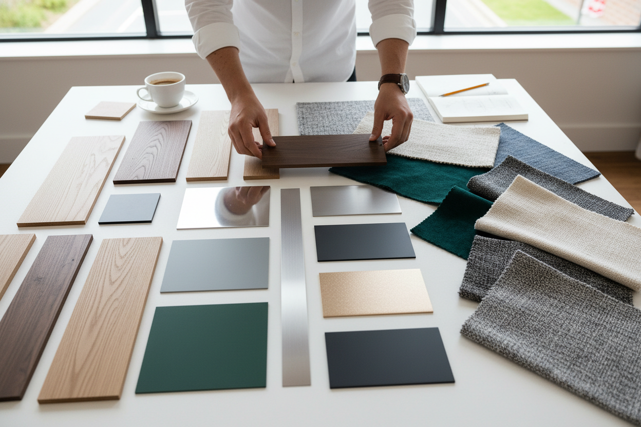 Designer's hands arranging wood veneer, laminate, metal finish, and fabric memo samples into coordinated groupings on a large work surface